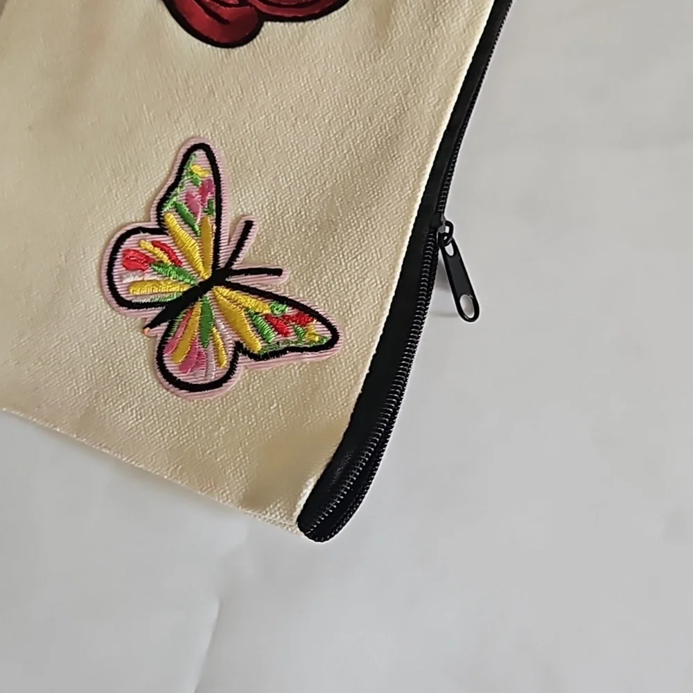 Hand Crafted embroidered bag red skull multicolored butterflies red rose rustic